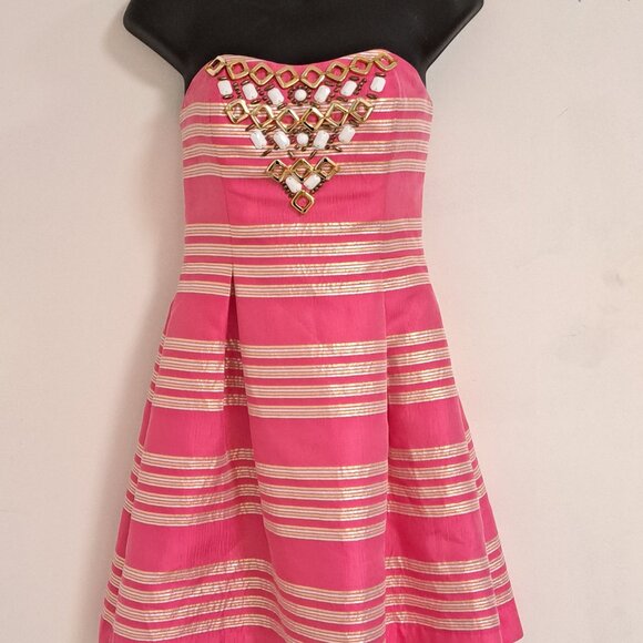 Lilly Pulitzer Size 0 Sami-Ryan Dress Pink Metallic Stripe Strapless - Picture 4 of 11